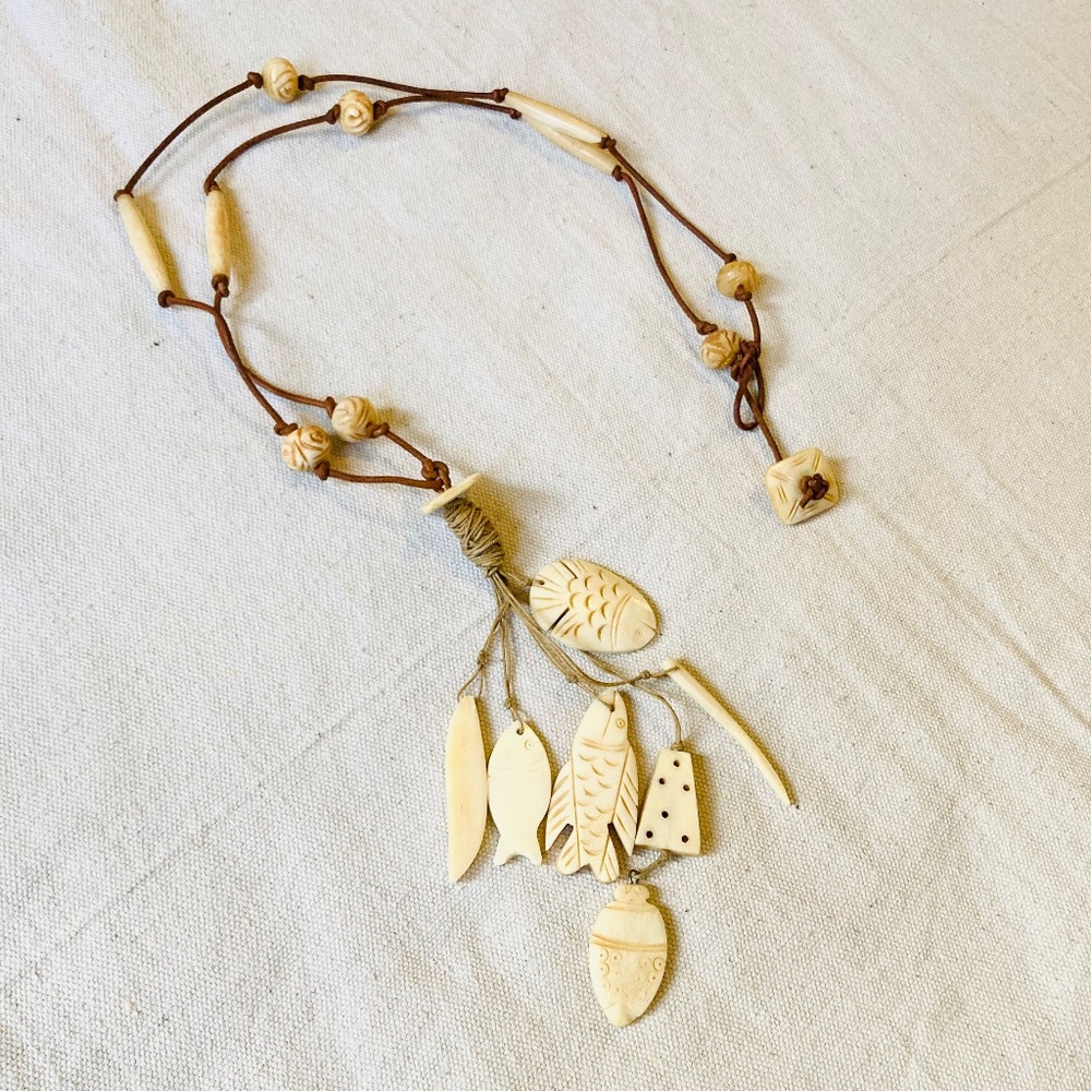 Vintage Carved Bone Fish Necklace Long Brown Leather Cord Asian African 34”
